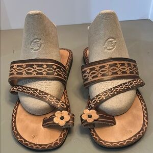 Brown Leather Sandals with Floral Design